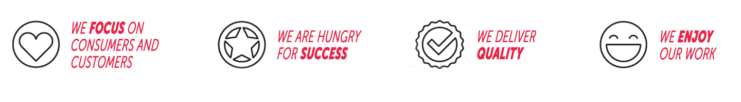 We focus on consumers and customers; we are hungry for success; we deliver quality; we enjoy our work.